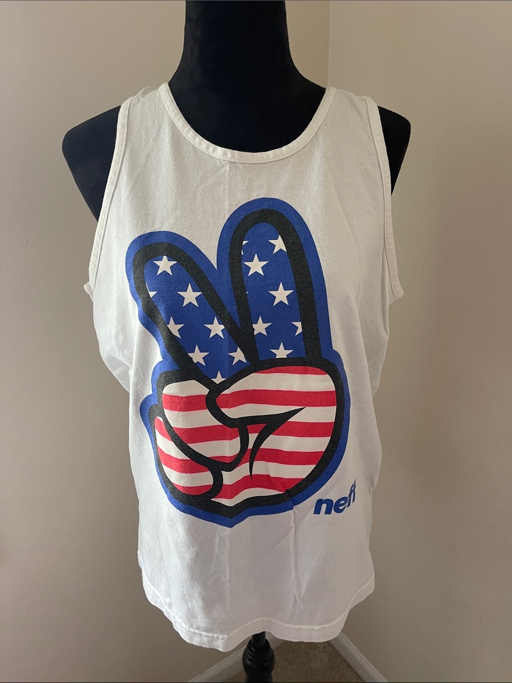 Neff White Tank with Red, White and Blur American Flag Peace Sign Hand